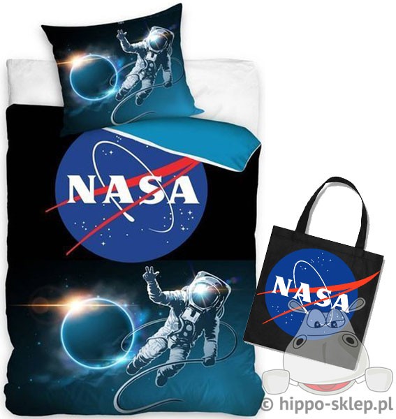 Granatowa pościel z logo NASA oraz kosmonautą w przestrzeni kosmicznej 140x200 lub 160x200
