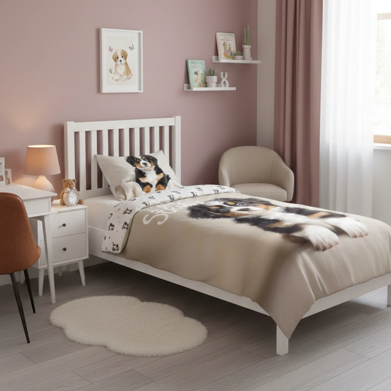 Prezentacja sypialni z pościelą z psem Bernenskim pasterskim 140x180 50x70 cm