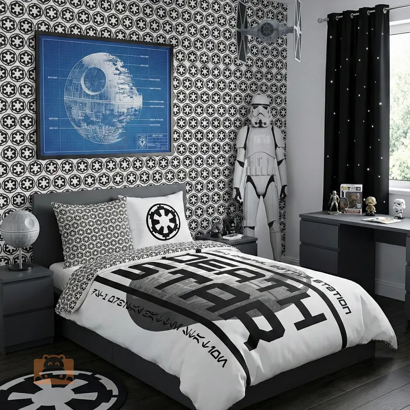 Czarno biała pościel Star Wars Gwiazda Śmierci 140x200 + 70x80 cm