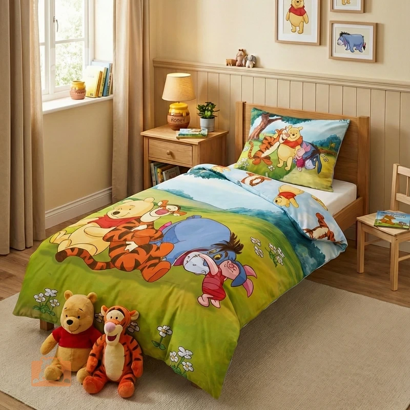 Kolorowy komplet pościeli z wizerunkiem bohaterów Kubusia Puchatka