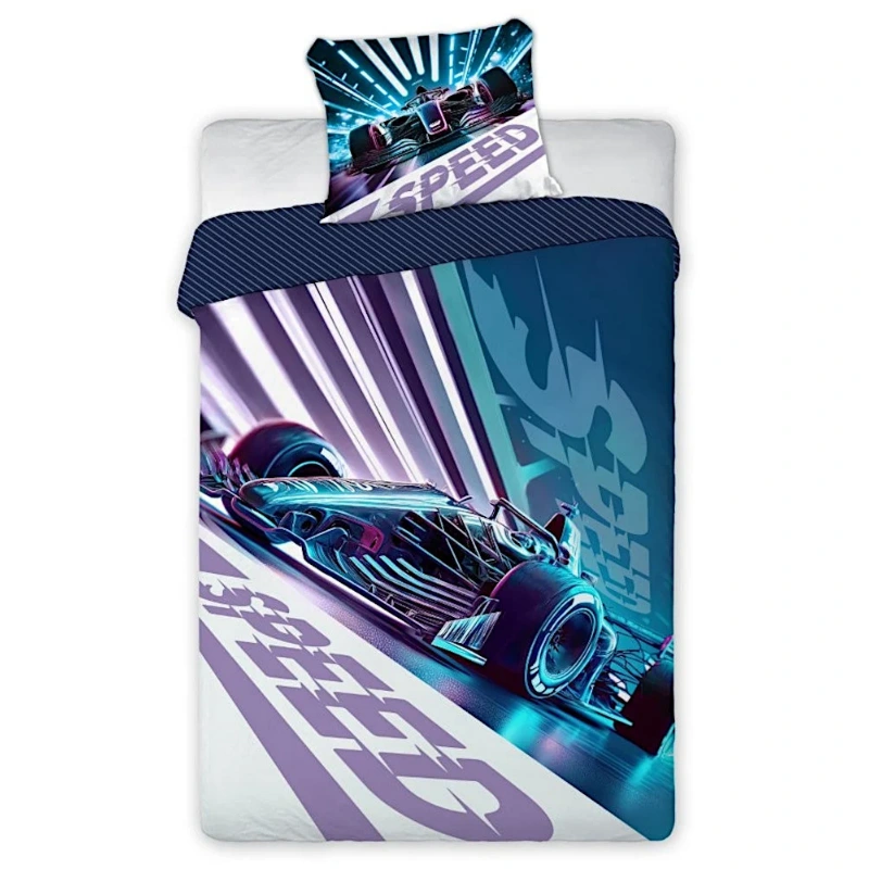 Fioletowo niebieska pościel z bolidem 150x200 + 50x60 cm