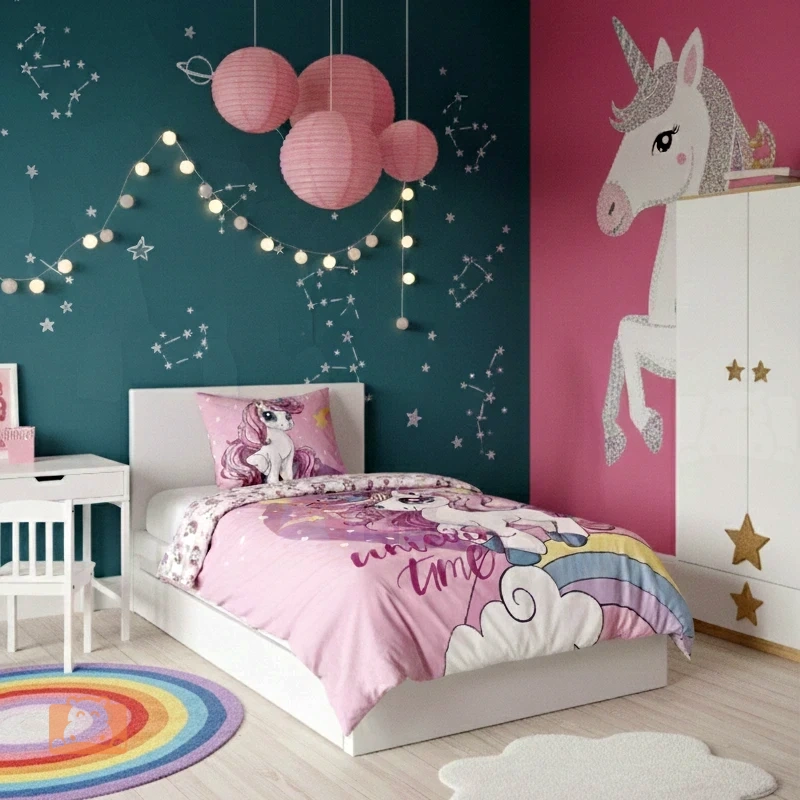 Pościel z jednorożcem 135x200 50x75 cm aranżacja pokoju dziewczynki