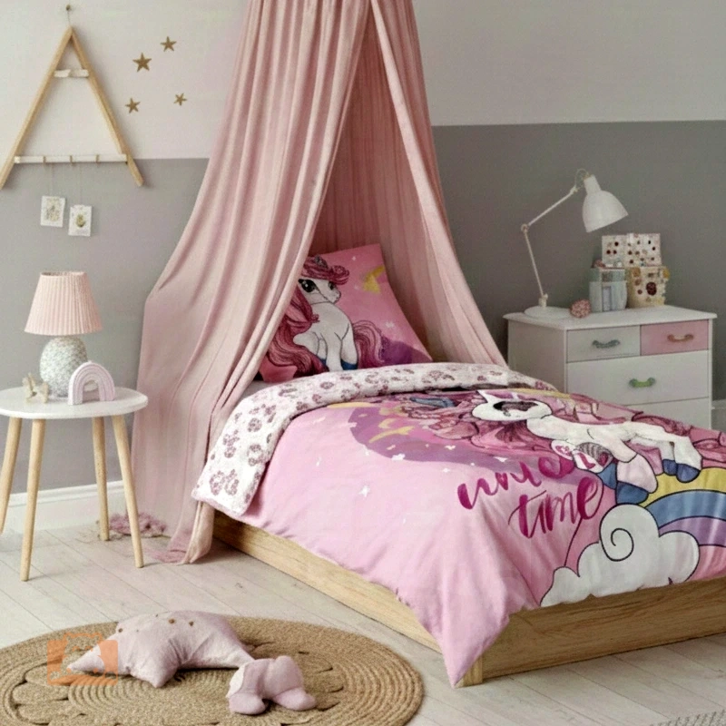 Pościel z jednorożcem różowa wizualizacja 140x160 50x80 cm