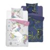 Szaro różowy komplet pościeli z białym jednorożcem