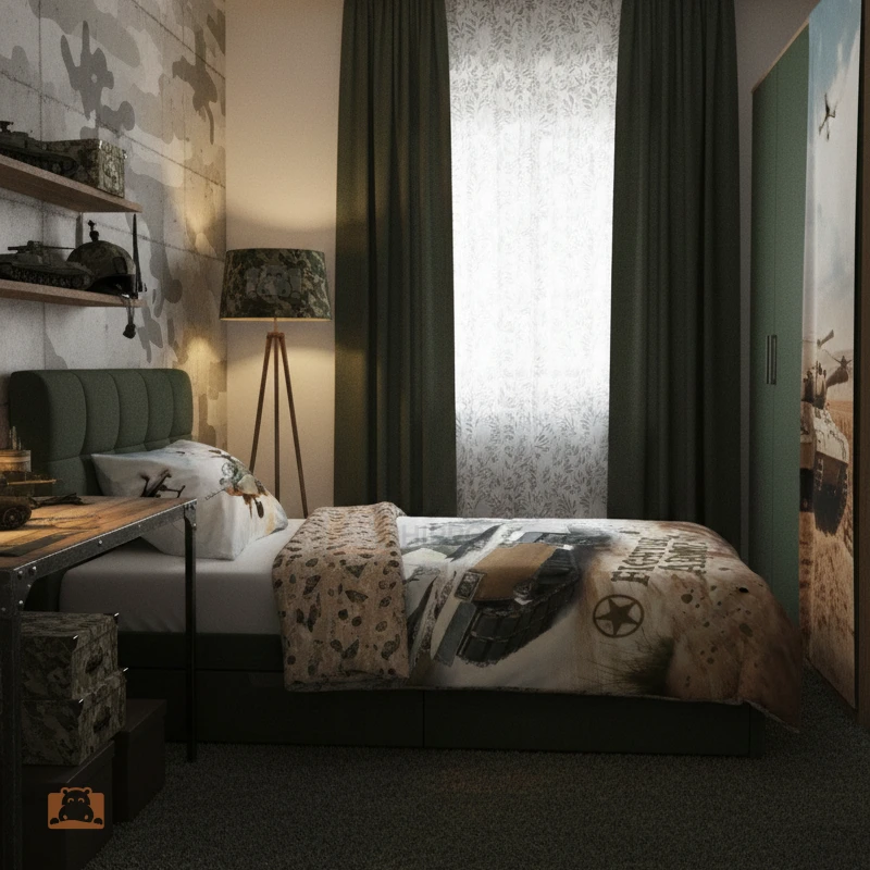 Pokój w stylu wojskowym z pościelą Fighter Army