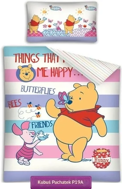 Pościel Kubuś Puchatek Disney do łóżeczka 100x135 lub 90x130, różowo fioletowe paski