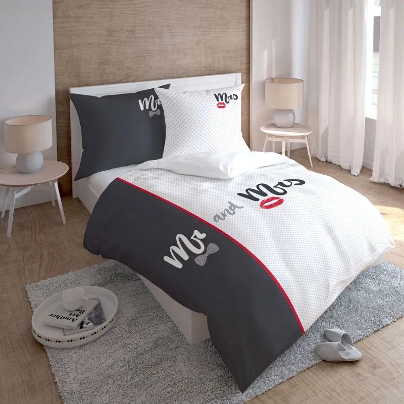 Biało szara pościel dla dwojga Mr & Mrs 160x200 lub 180x200 cm