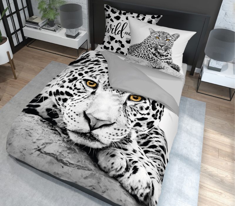 Pościel leopard pantera śnieżna 160x200, 150x200 lub 140x200, czarno-biała