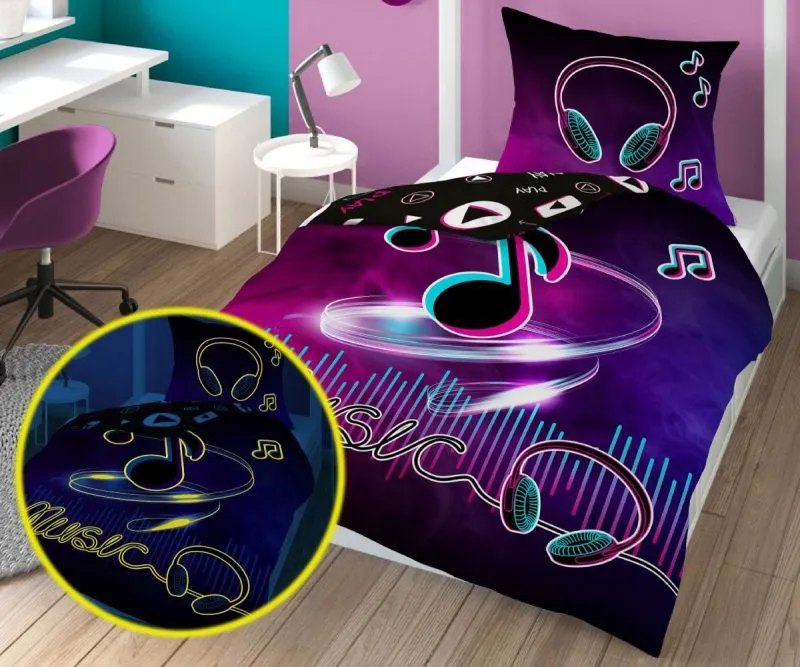 Pościel świecąca w ciemności dla nastolatków z nutką i słuchawkami