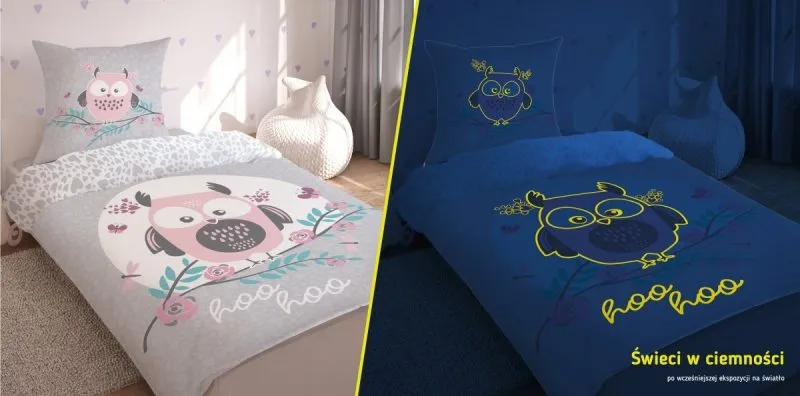 Komplet pościeli świecącej w nocy z sówką
