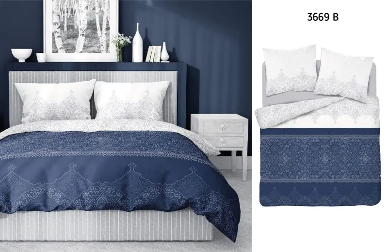 Granatowy komplet pościelowy z satyny we wzory