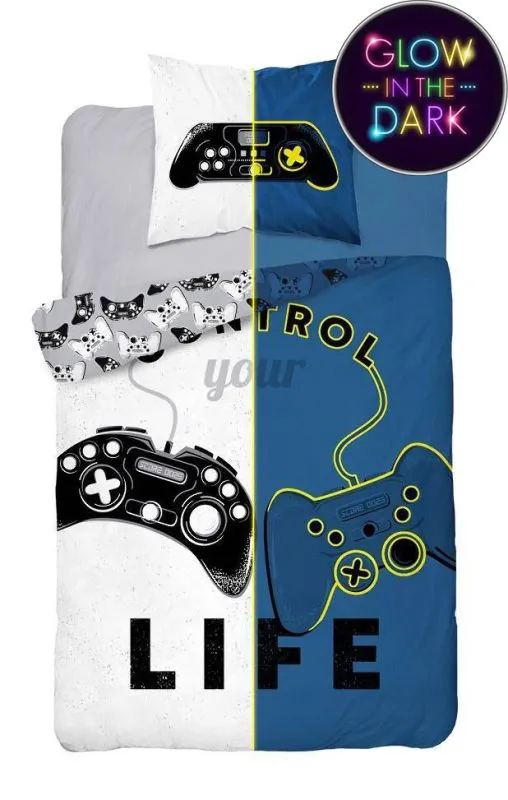 Pościel świecąca z game padem biało-szara 160x200