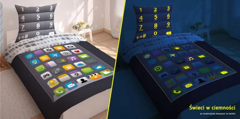 Pościel smartfon z elementami świecącymi w ciemności 135x200 dla nastolatków