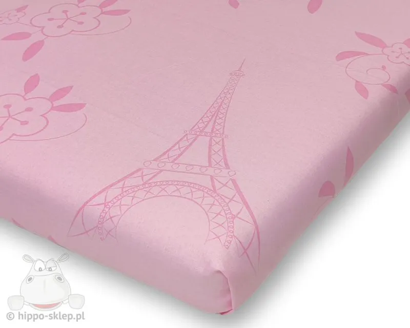 Prześcieradło z motywem wieży Eiffel'a i kwiatów 140x200, różowe