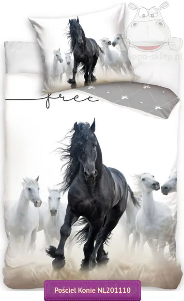Pościel z czarnym koniem fryzyjskim 160x200, 140x200, 150x200, biała