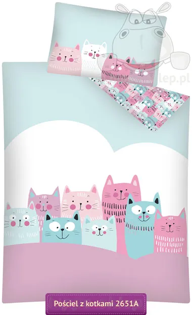 Mała pościel w kotki 100x135, 90x130 i 90x120 miętowo-różowa