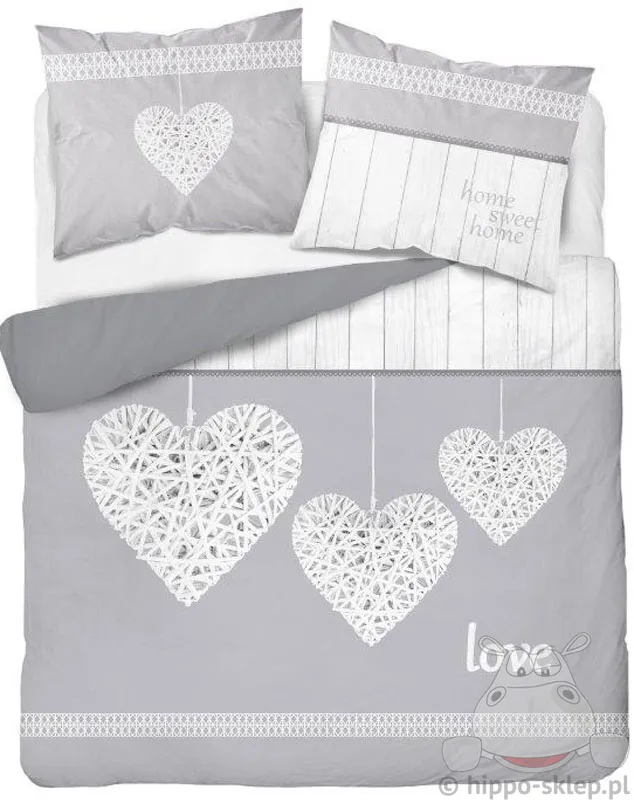 Szara pościel wiklinowe serca Love 160x200 lub 150x200