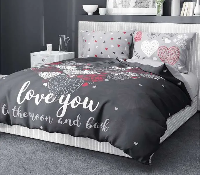 Szara pościel love you w serca dla par 150x200, 160x200