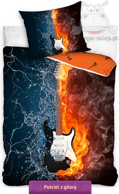 Pościel gitara Fender - ogień i woda 140x200 i 160x200, granatowo-pomarańczowa