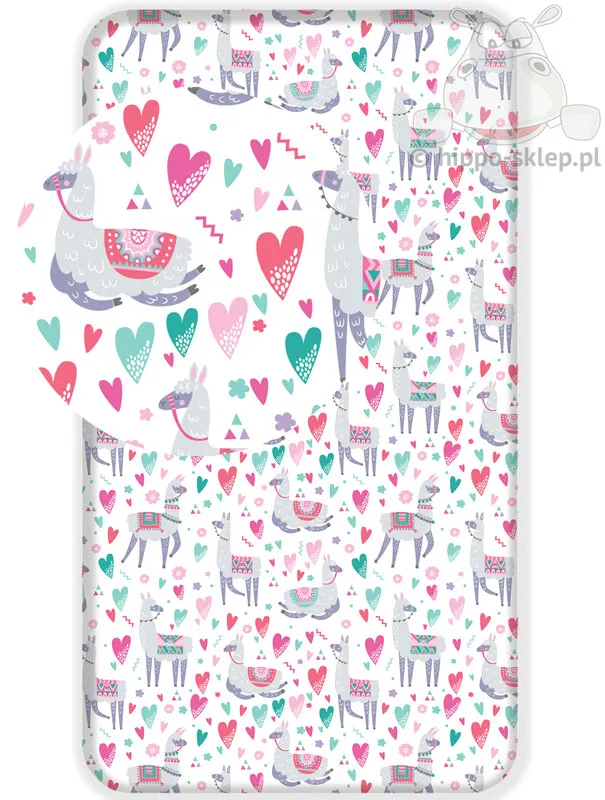 Bawełniane prześcieradła z gumką Lama i serduszka dla dziewczynki