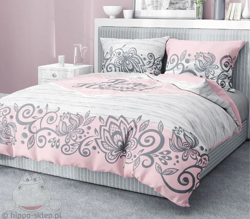 Dobra pościel z napisami 160x200 lub 150x200, różowo-szara