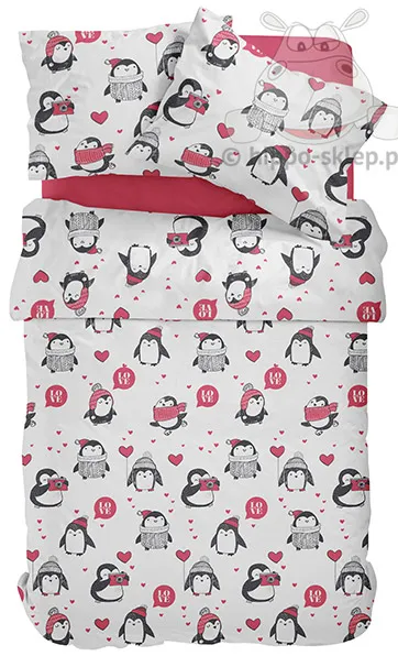 Bawełniana pościel w serduszka z pingwinami 150x200 + 2x 50x60