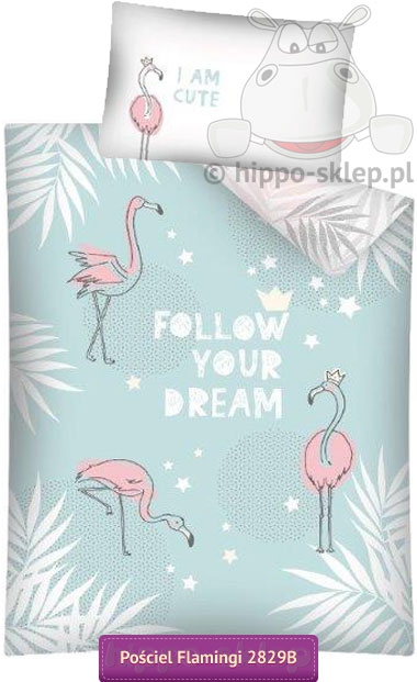 Mała pościel flamingi do łóżeczka miętowo-szara 100x135, 90x130