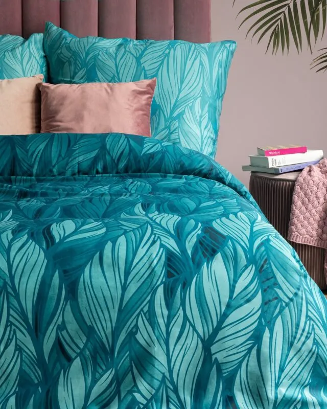 Komplet pościeli satynowej w kolorze szmaragdowym z motywem liści