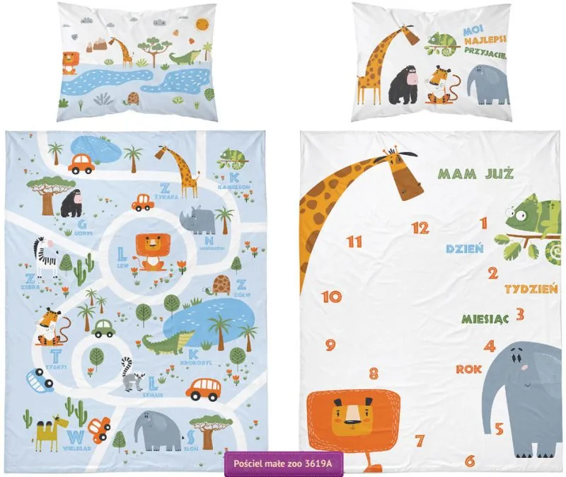 Dwustronna pościel z metryczką Mini Zoo dla niemowlaków 90x130
