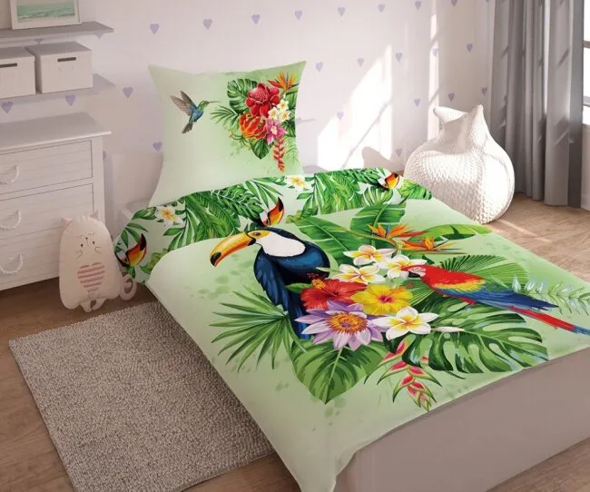 Pościele z Papugą i tukanem - liście monstery 120x160, 140x180 lub 140x160 zielona