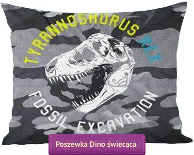 Duża poszewka ze szkieletem dinozaura świecąca w ciemności, 70x80 cm, szara