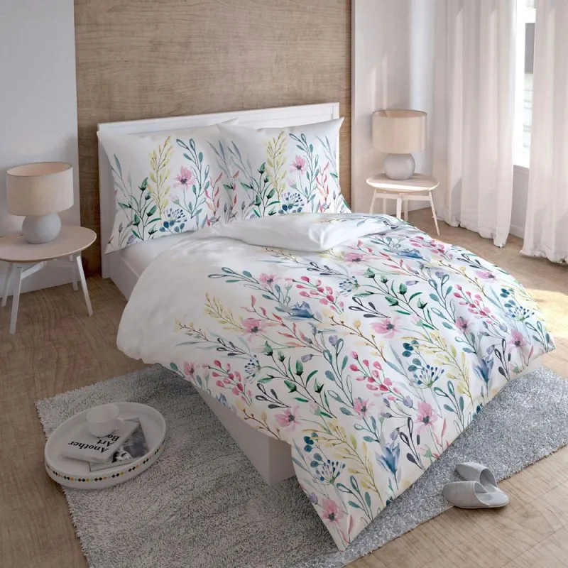 Pościel florystyczna z bawełny satynowej 3412A, biała, 150x200