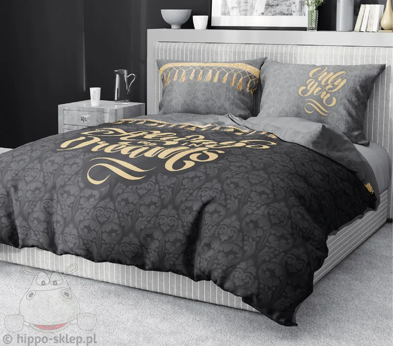 Grafitowa pościel dla dorosłych ze złotymi zdobieniami 160x200 i 150x200