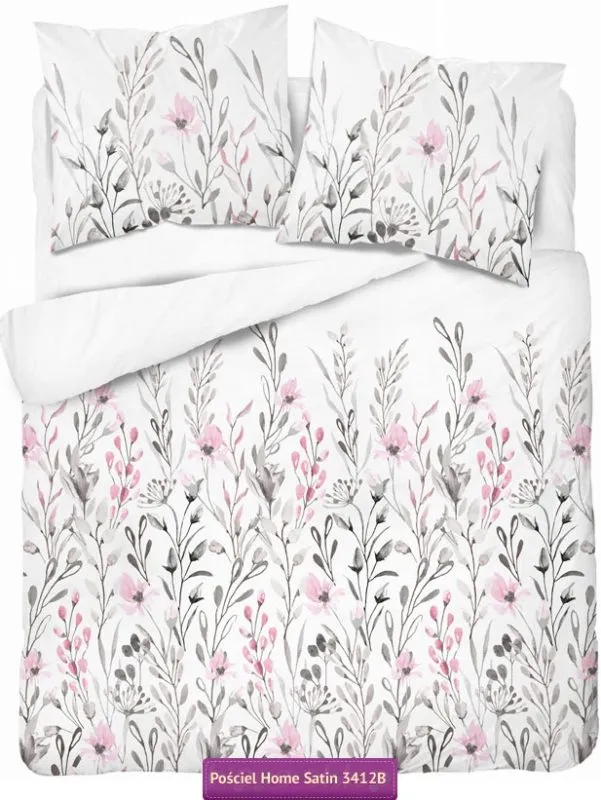 Pościel satynowa z motywem roślinnym 140x200 i 150x200, biała