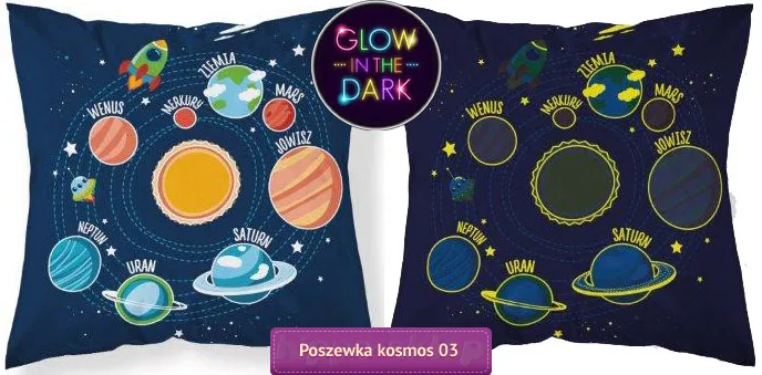 Mała poszewka z planetami świecąca w ciemności 40x40 cm