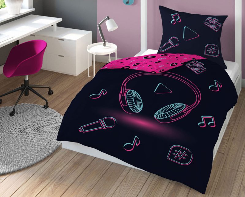 Czarno-rózowa muzyczna pościel dla dziewczynki 140x200 lub 140x180 cm, z bawełny