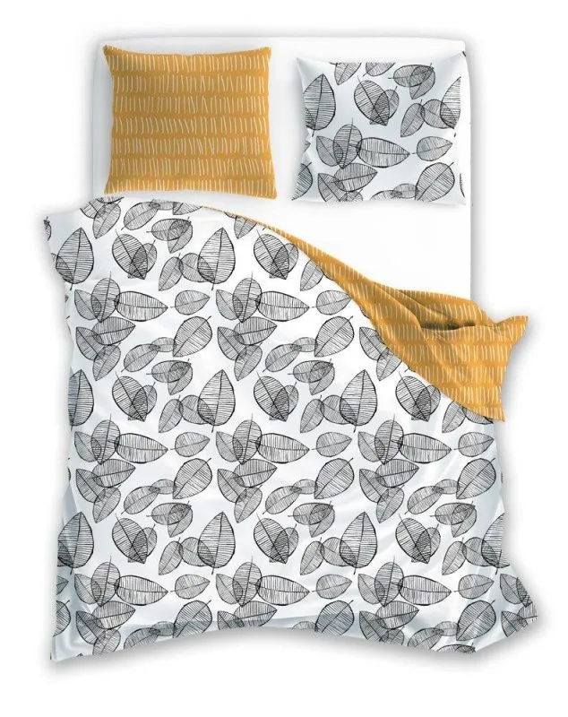 Botaniczna pościel z motywem liści, 160x200, 220x200, biało-musztardowa