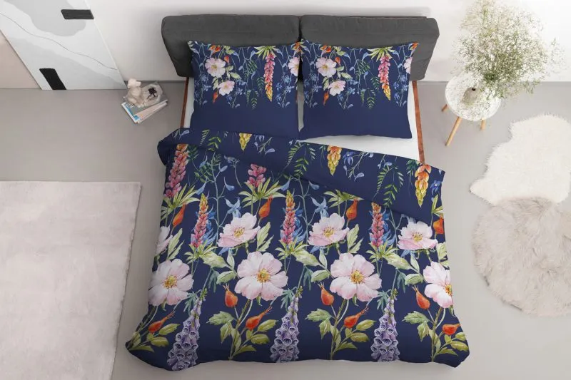 Granatowa pościel z kwiatami 200x200