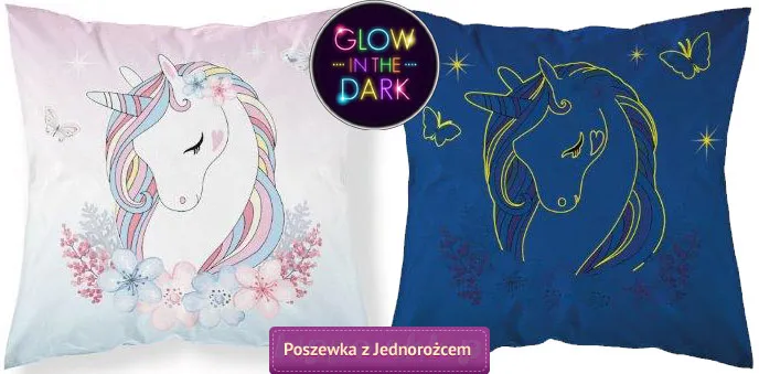 Mała poszewka z jednorożcem świecąca w ciemności 40x40 cm