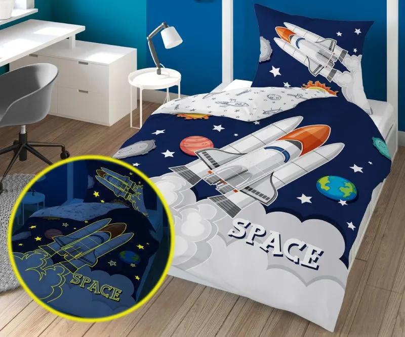 Pościel świecąca w ciemności ze statkiem kosmicznym 140x200 i 140x180, granatowa