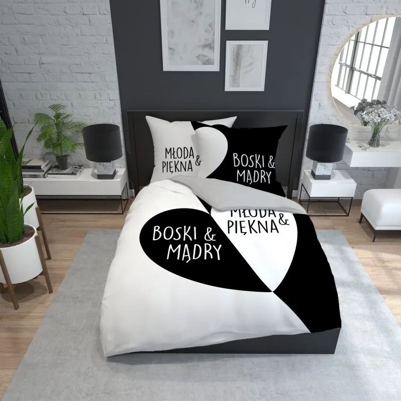 Pościel czarno biała z nadrukiem dla par 5904708901742
