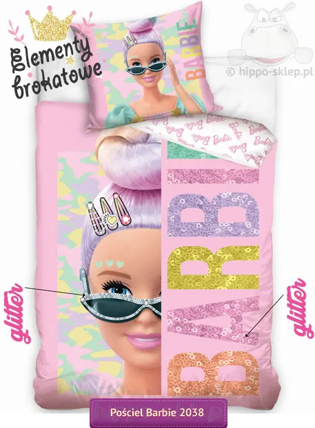 Pościel brokatowa z Barbie 140x200 lub 160x200, różowa, błyszcząca