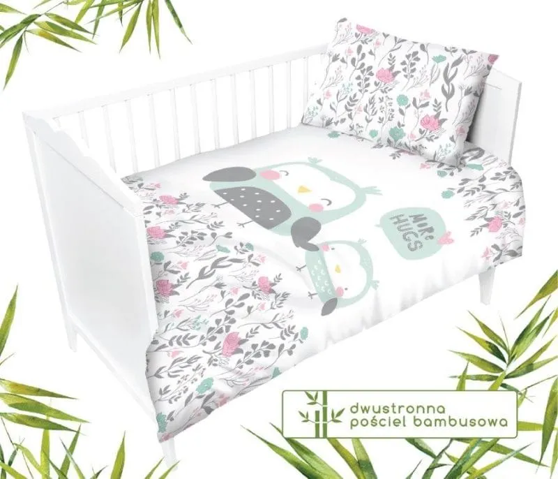 Miętowo-biała pościel do łóżeczka z motywami kwiatowymi 100x135