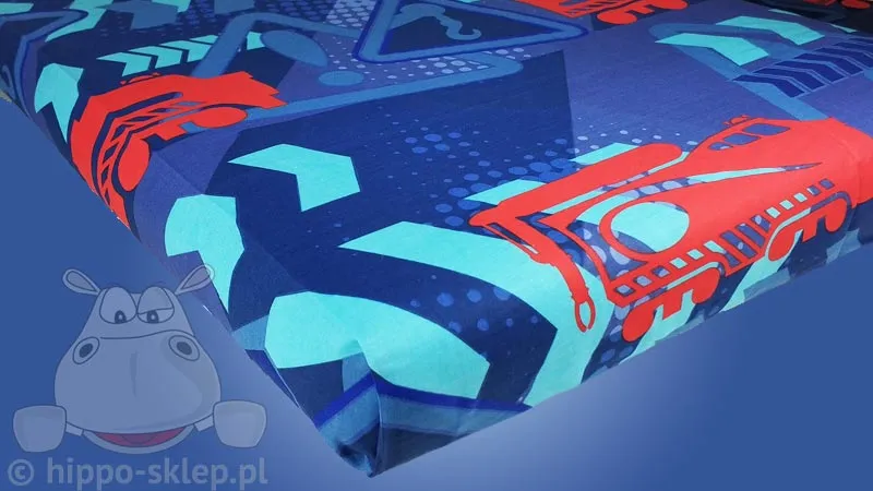 Prześcieradło Stacyjkowo z pociągami 140x200, niebieskie