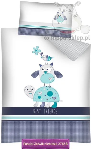Mała pościel dziecięca żółwik sowa i ptaszek 100x135 i 90x20 niebieska