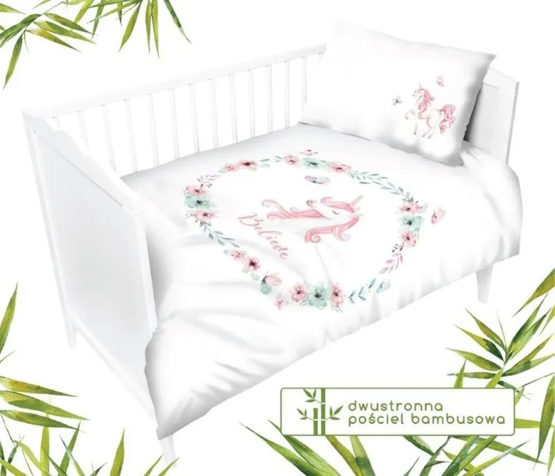 Biała pościel bambusowa z jednorożcem do łóżeczka 90x120