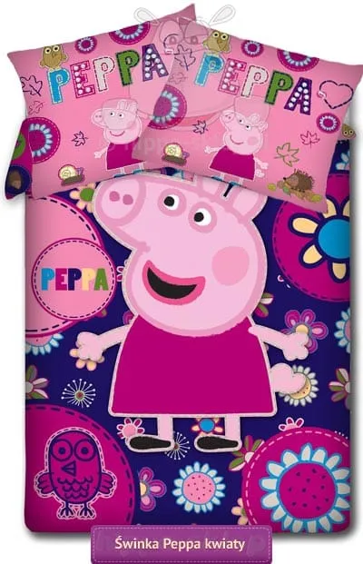 Bawełniana pościel w kwiatuszki ze świnką Peppą z dwiema poszewkami na poduszki