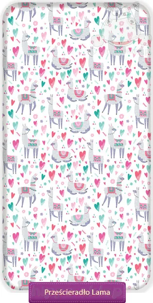 Prześcieradło z lamą w kolorowe serduszka, 90x200, białe