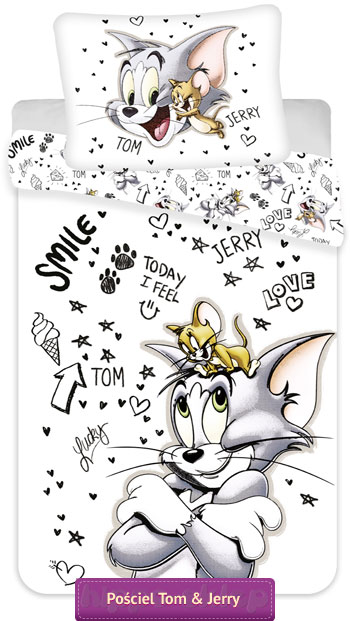 Biała pościel Tom i Jerry z napisami 140x200