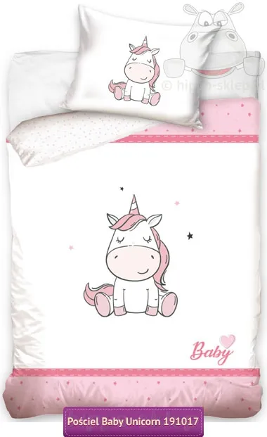 Pościel z jednorożcem 80x120, 90x130, 90x120 lub 100x135 dla maluchów, biało-różowa